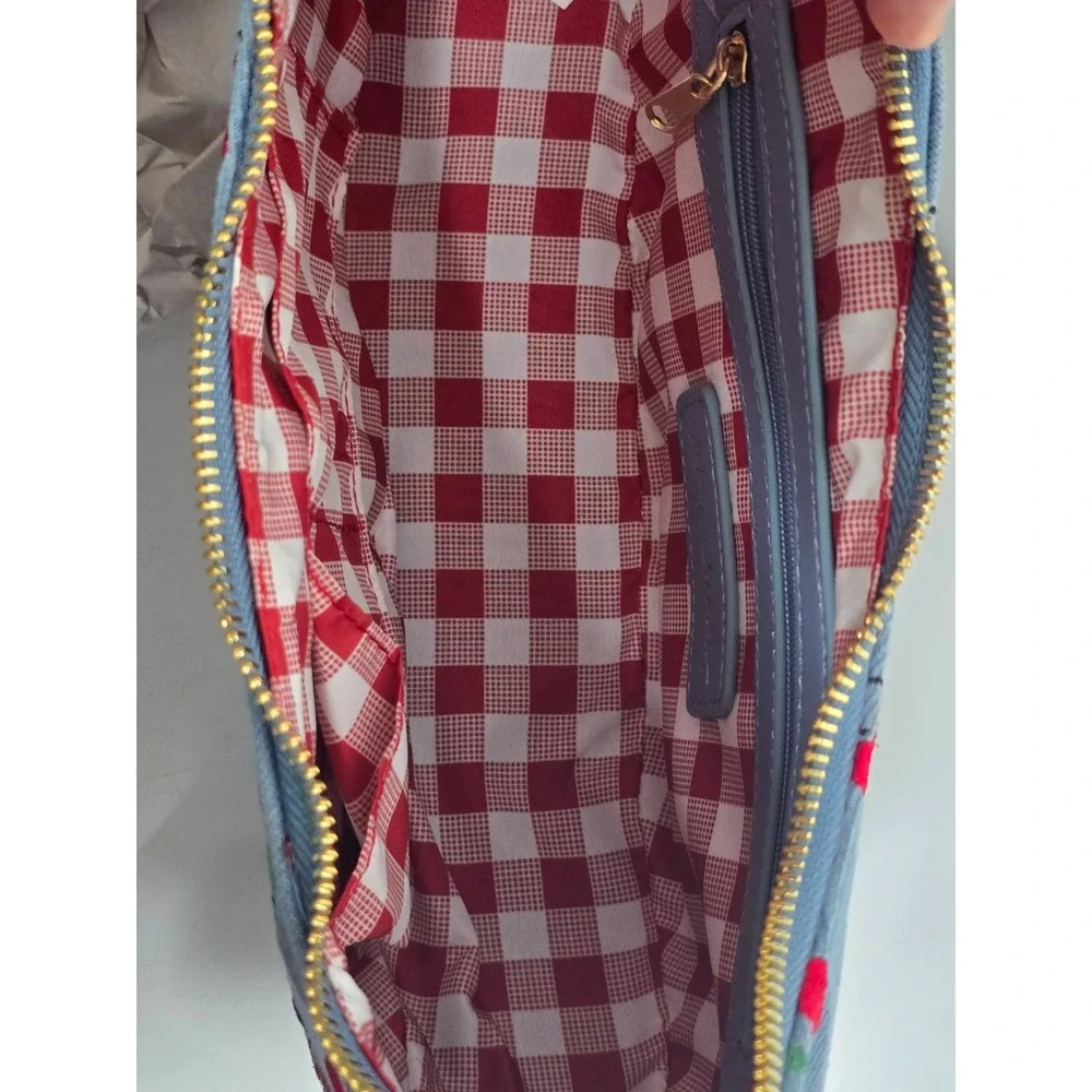 Betsey Johnson Cherry Print Crescent Hobo Bag Rock Chick Purse Denim Blue NEW